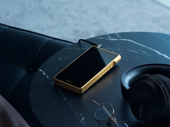 Sony Walkman final detail view in gold and dark metal