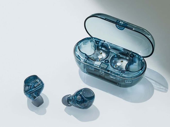 Sony WF-C710N earbuds in Glass Blue with transparent housing