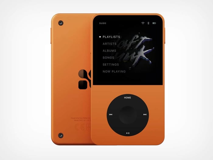 Tangerine Sudo music player shown from front and back, with playlists menu on screen and tactile wheel below