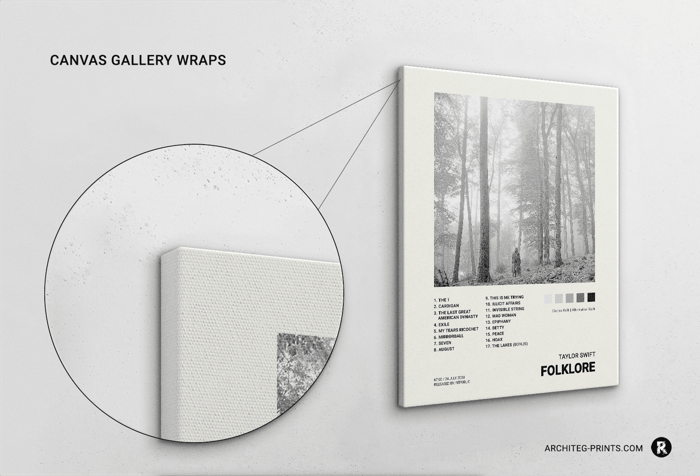 Architeg Prints Folklore canvas gallery-wrap illustration showing the forest artwork, album layout and textured canvas edge