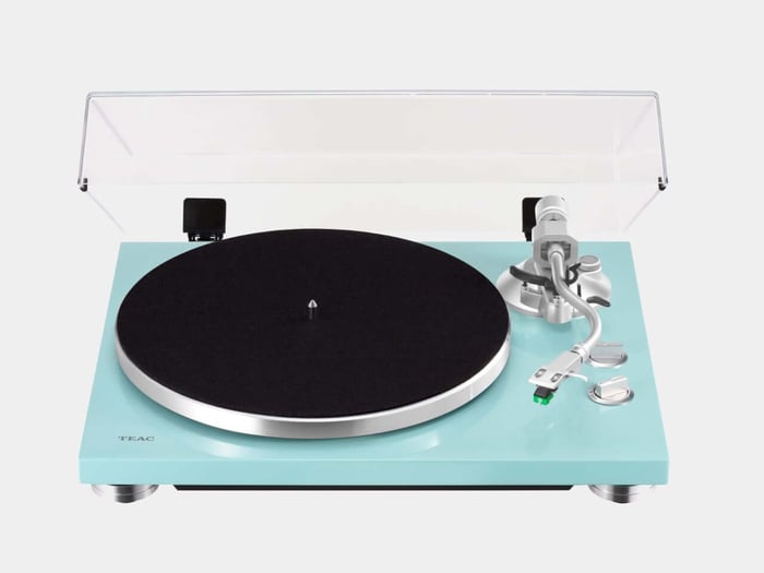 TEAC Turquoise Bluetooth Turntable side angle