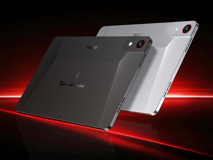 Close-up of TECNO and Tonino Lamborghini AIoT tablet and earphones in bold colors