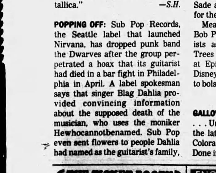 Sub Pop’s post-hoax dumping of the Dwarves, as reported in the L.A. Times on July 4, 1993.