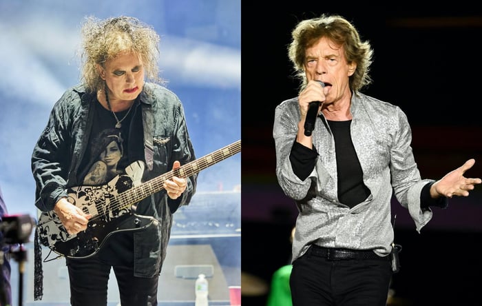 Side-by-side shots of Robert Smith (left) and Mick Jagger (right) electrifying the stage