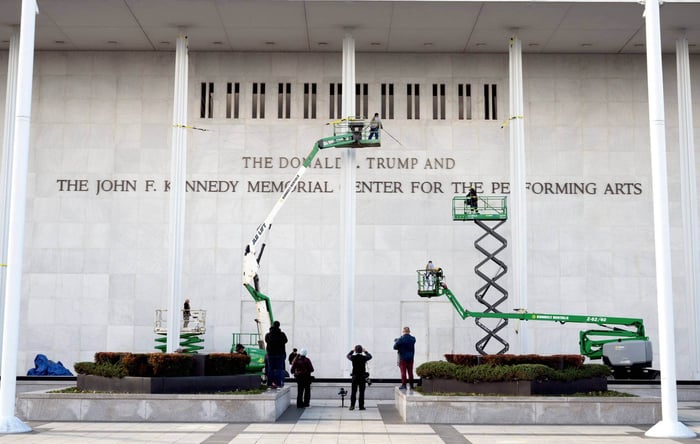 Exterior of the Kennedy Center displaying Trump’s name