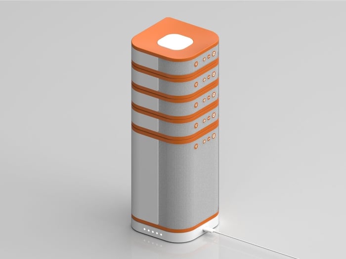 Vervain modular speaker system details, showing the orange and white disks