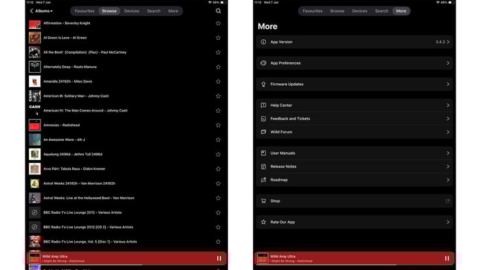 WiiM Amp Ultra front panel with touchscreen and knob
