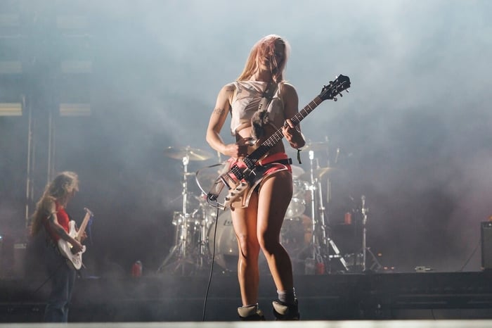 Rhian Teasdale of Wet Leg performs in concert during Primavera Sound 2026 festival at Parc Del Forum on June 03, 2026, in Barcelona, Spain.