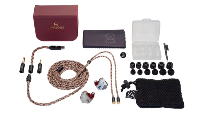 Handcrafted Campfire Audio Grand Luna earphones showcasing their signature glowing red translucent shell.