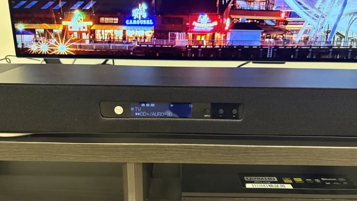 The True X Surround 90A soundbar features an acoustically optimized metal grille and sturdy feet