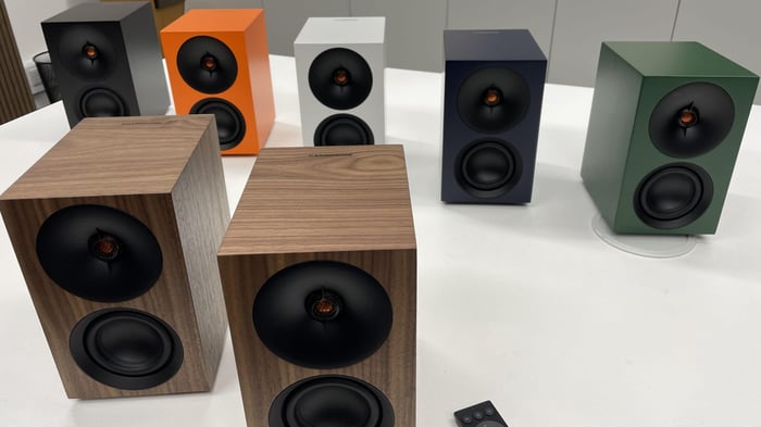 Cambridge Audio L/R speakers in vibrant orange