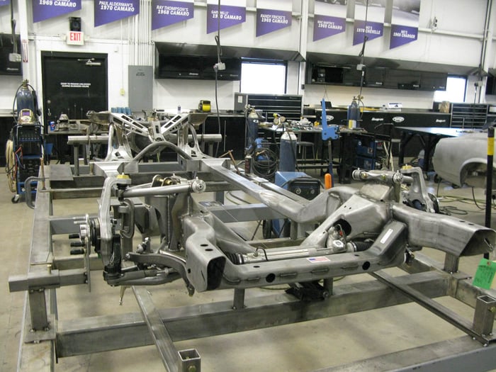 View of the Detroit Speed Hydroformed Front Subframe integrated into the custom chassis.
