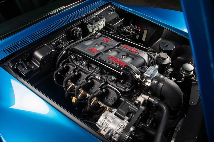 Hood up, revealing the 427 LS7 engine with MSD Atomic AirForce intake.