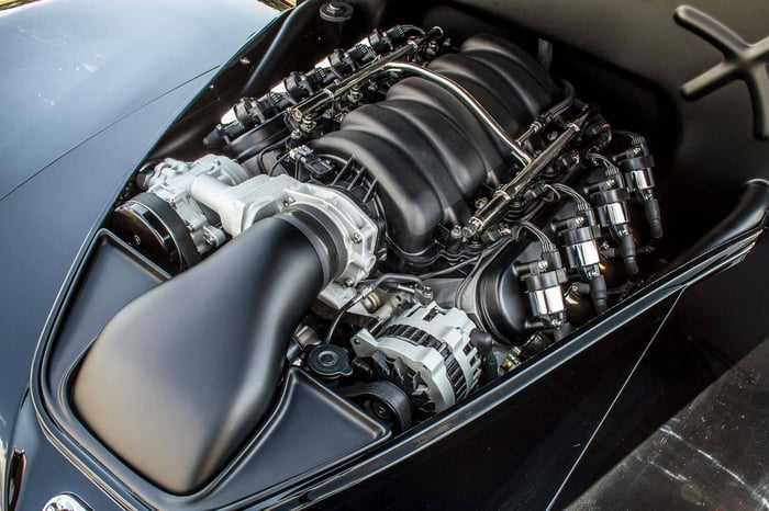 The GM LS7 engine that powers the 1941 Willys.