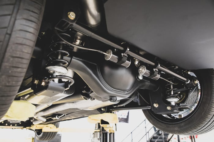 A shot of the Detroit Speed Ford 9” rear axle, built with C6 full-floater ends and 4.56 gears for durability and performance.