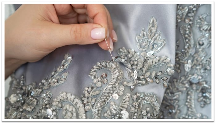 Embroidery may be dense and compact to create a luxurious, dramatic surface, or light and airy to build an open, three-dimensional effect.