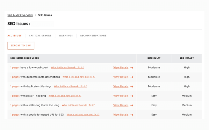 A screenshot of a site's technical audit results page