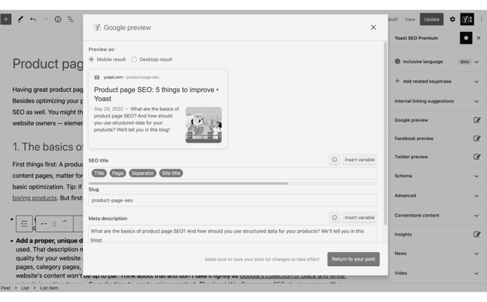 A screenshot of Yoast SEO's Google preview for a content marketing post