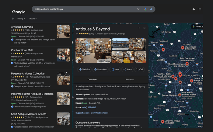 A screenshot of a Google Business Profile listing for an Atlanta-based antique store