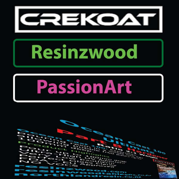 Crekoat label image with words resinzwood passionart on it as well