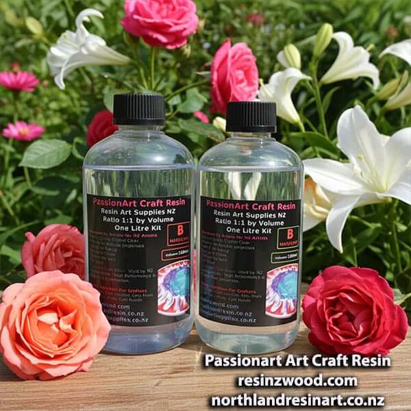 Two bottles of resin with floral background. Text on front with resinzwood.com we address