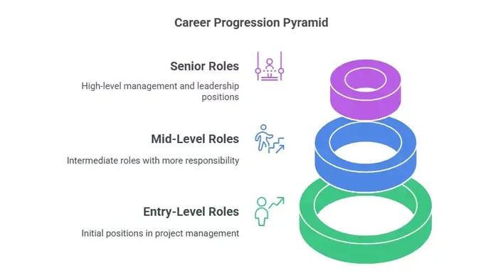 A three-tiered pyramid graphic, constructed of stacked rings, illustrating career progression in project management.