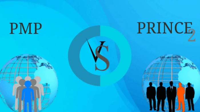 PMP certification vs PRINCE2 graphic with globes and silhouettes.