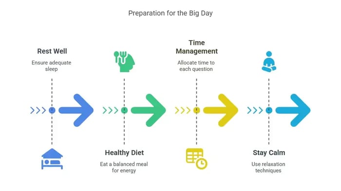 Preparation for the Big Day" graphic with four steps: Rest Well, Healthy Diet, Time Management, Stay Calm.