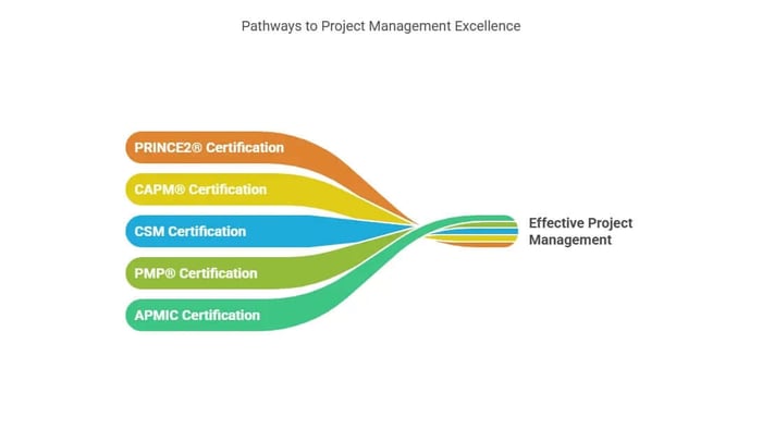 Pathways to effective project management: PRINCE2, CAPM, CSM, PMP, APMIC certifications converging.