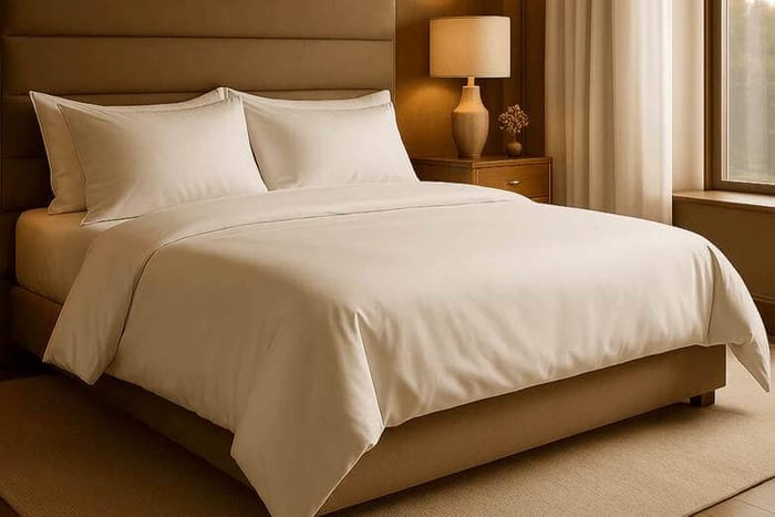 A bed with white sheets and a lampAI-generated content may be incorrect.