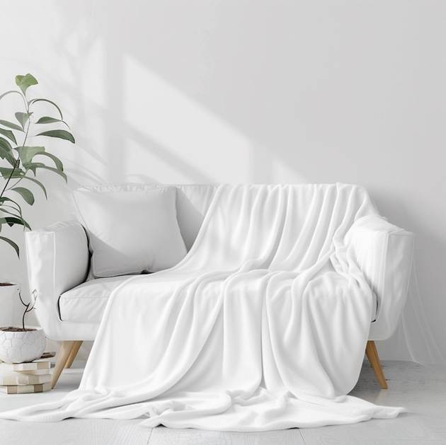A white couch with a blanketAI-generated content may be incorrect.