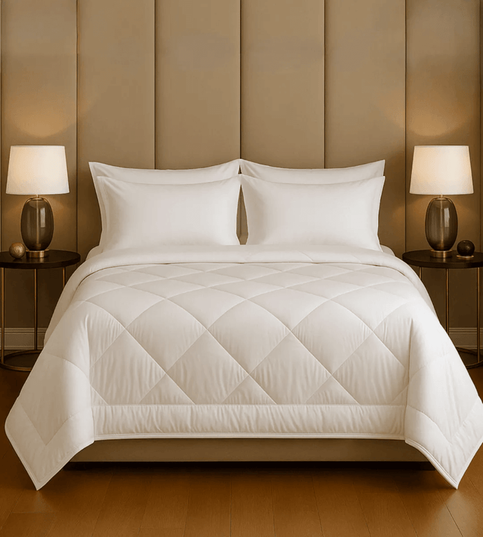 A bed with white comforter and two lampsAI-generated content may be incorrect.