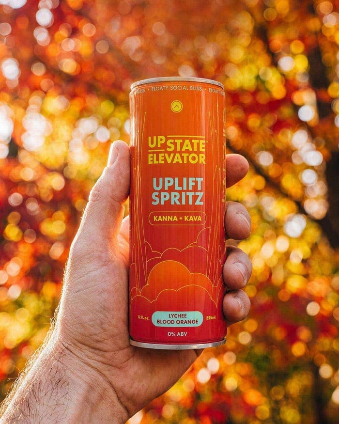 Hand holding up a can of Upstate Elevator Lychee Blood Orange Uplift Spritz against red and orange autumn leaves