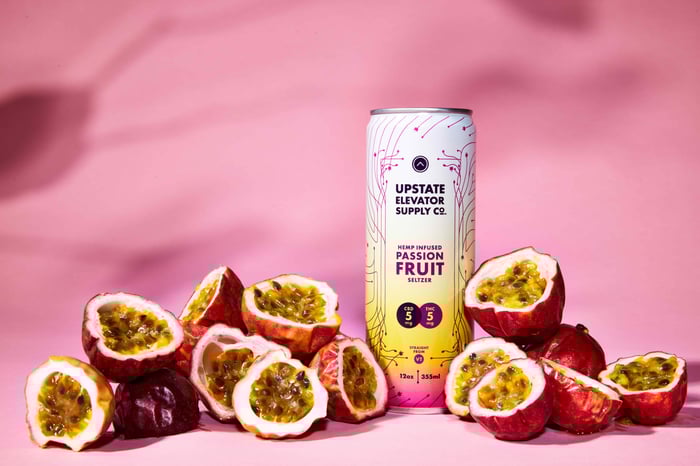 Upstate Elevator 5mg THC + 5mg CBD Passion Fruit Seltzer