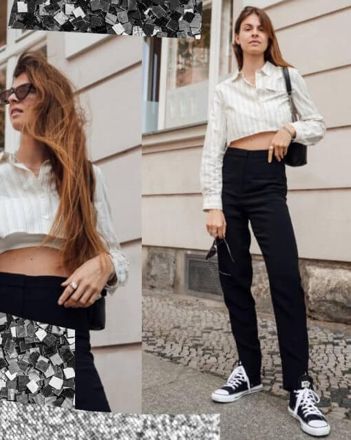 Woman wears a cropped button up shirt and high waisted pants.