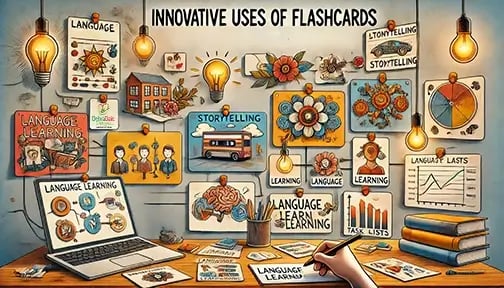 Creative workspace with colorful flashcards used for brainstorming, storytelling, language learning, and productivity tracking.