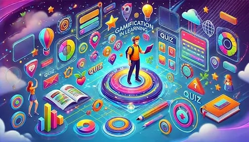 Student engaging with a futuristic holographic interface, showcasing the gamification of learning with flashcards, badges, and quizzes.