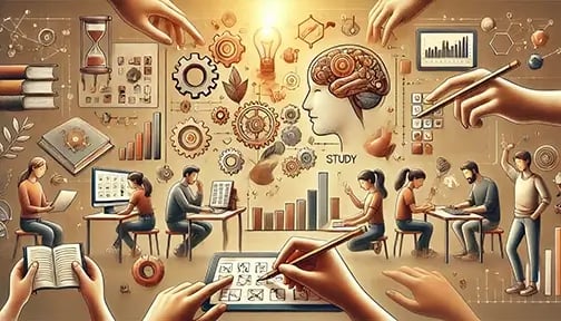Illustration of students and adults engaging in hands-on learning, using index cards, building models, and interactive study tools to enhance memory retention.
