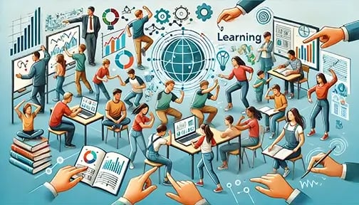Illustration of students and adults using movement and gestures to reinforce learning, featuring hand motions, interactive study tools, and active engagement.