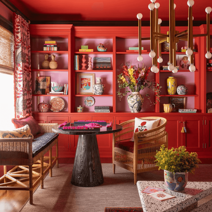 Vibrant Red Mahjong Game Room with Pedestal Table