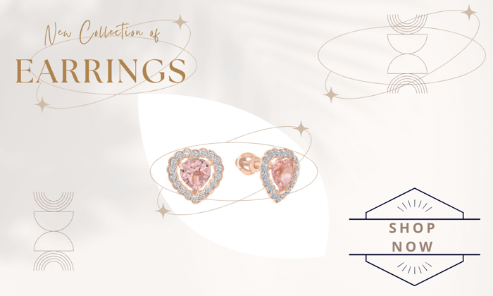 Diamond Earring Pink Heart  Morganite Halo  Stud 14k Gold