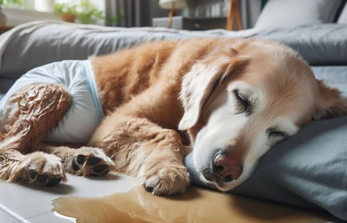 Incontinent old dog sleeping next to pee stain wearing diaper