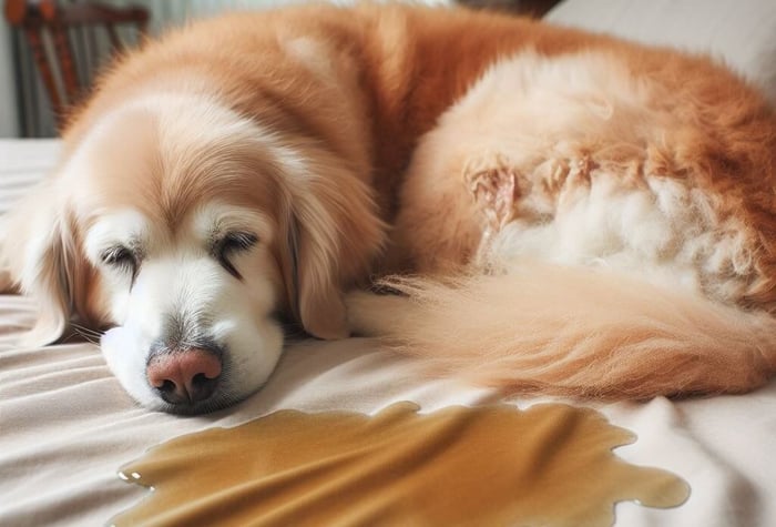 Old female dog lying next to a pee stain on bed while sleeping