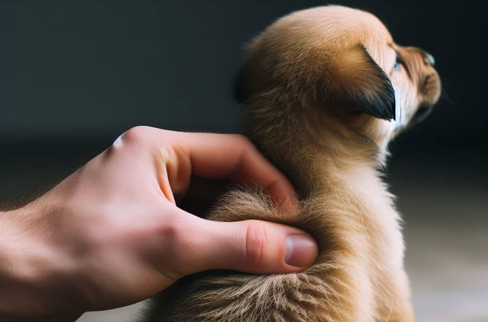 A hand lightly pinching the fur on the scruff of a puppy's neck