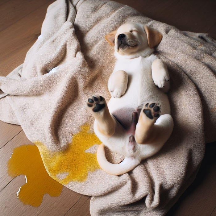 A puppy peeing on their blanket while sleeping