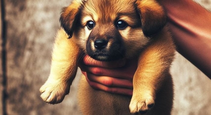 A puppy being held up by hand scruffing its neck