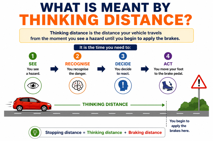 Thinking distance is the distance your vehicle travels from the moment you see a hazard until you begin to apply the brakes.  It includes the time needed to:  See the hazard Recognise the danger Decide to react Move your foot onto the brake pedal Simple Formula  Stopping Distance = Thinking Distance + Braking Distance  Example at 30 mph  At 30 mph, the Highway Code gives a thinking distance of 9 metres.  This means your car can travel approximately 9 metres before you even start braking.