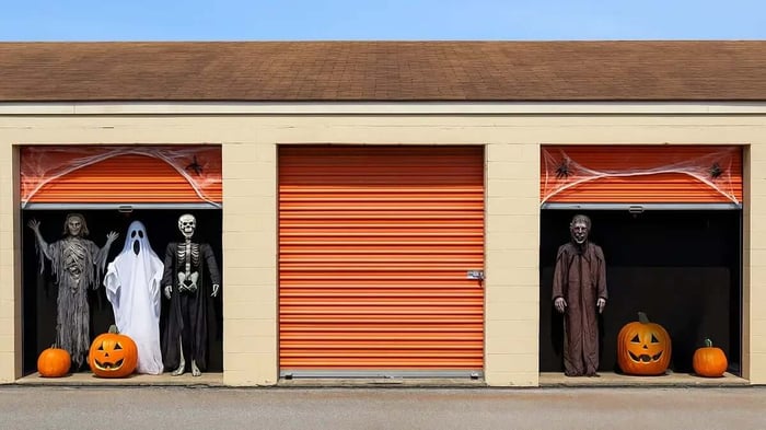 a row of three storage units at Mini Mall STorage with people dressed in Halloween costumes in them