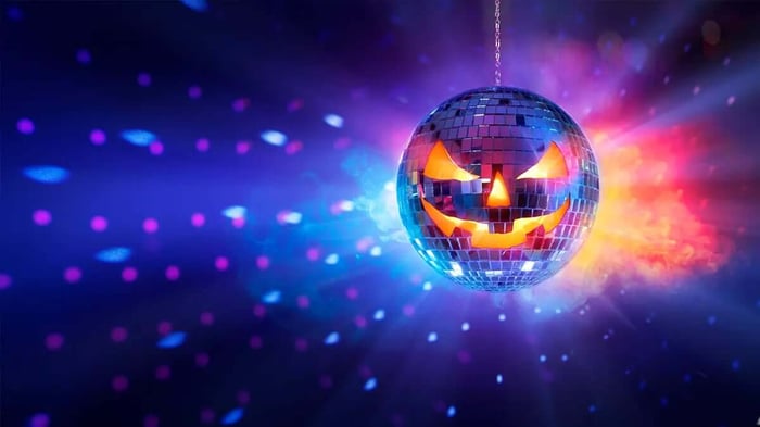 a disco ball that looks like a jack-o-lantern