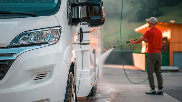 an RV being washed before storage